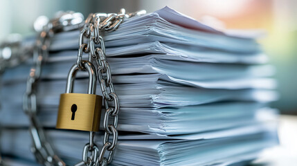 南京錠とチェーンで厳重に保護された機密書類の山