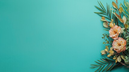 Fototapeta premium Peach Roses and Greenery on Teal Background