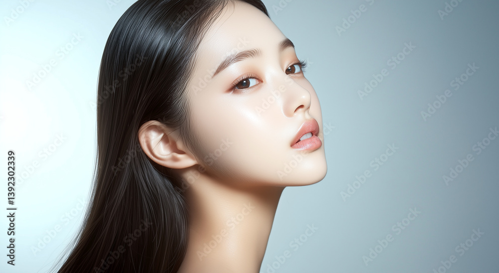 Poster 美しいフェイスラインの女性の横顔。艶のある美肌にフォーカスした美容広告イメージ。シックなグレー背景。