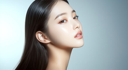 美しいフェイスラインの女性の横顔。艶のある美肌にフォーカスした美容広告イメージ。シックなグレー背景。