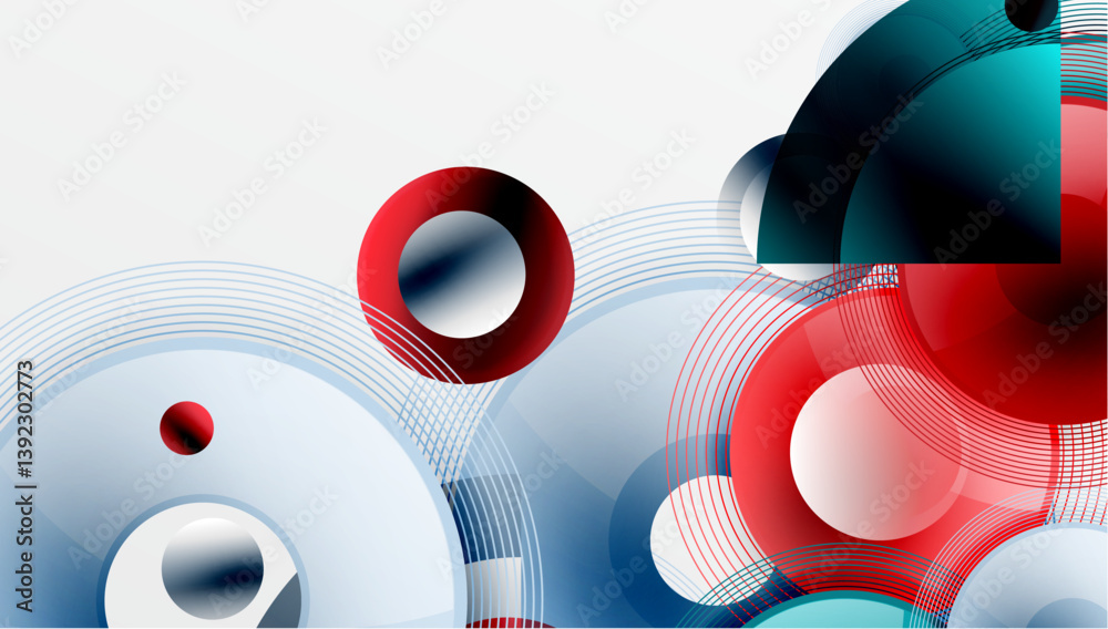 Poster abstract design featuring circles, lines, red, blue, white. modern composition with dynamic shapes, 