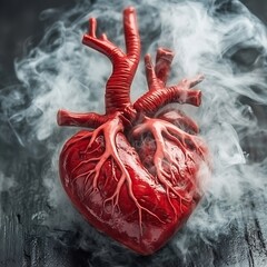Anatomical depiction of a human heart surrounded by wispy smoke