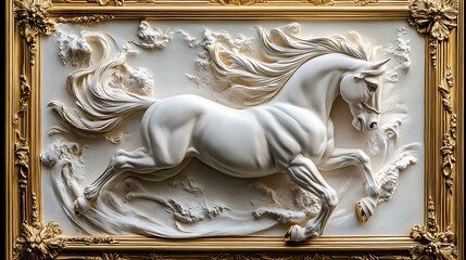 Elegant White Horse in Bas Relief Sculpture of excellence in splendor beyond compare with grace