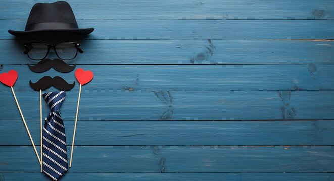 Father's Day Photo Booth Props on Rustic Blue Wood Background AI Generated