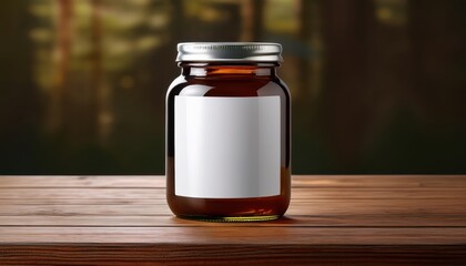 Product Placement: A glass jar with a blank label on a wooden surface against a blurred background, highlighting space for content.