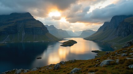 Norwegian landscape at dawn with cloudy skies, captured from above.