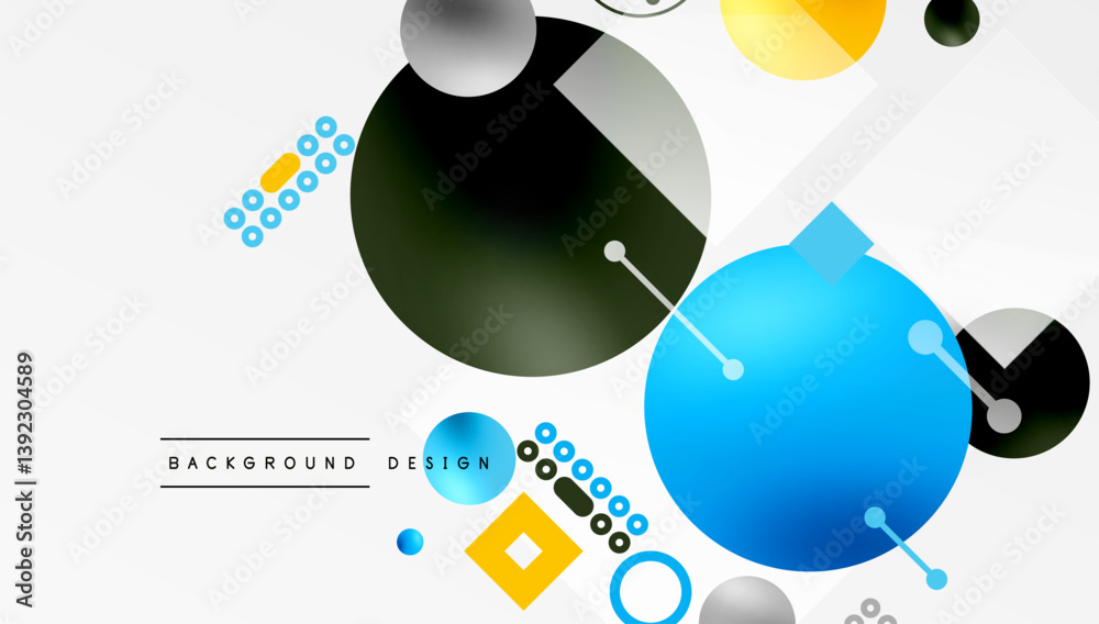 Poster abstract shapes, vibrant colors, modern design. circles, squares, lines create dynamic composition. 