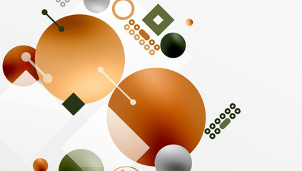 Abstract shapes, circles, squares, lines. Warm colors dominate, orange, brown, green. Minimalist design, modern aesthetic. Clean composition, simple forms.
