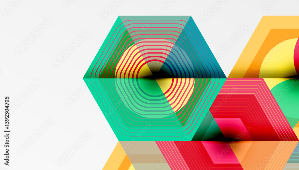Aufkleber colorful geometric shapes overlap creating vibrant patterns. lines form hexagons, curves, rectangles