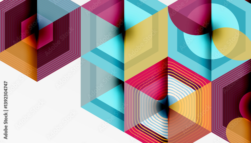 Poster Abstract geometric composition. Vibrant colors, layered shapes create dynamic visual effect. Lines, angles, forms intersect, forming complex pattern. Modern design.