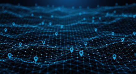 Obraz premium Blue Network: Connectivity, Location Pins, Data Mesh, & Technology Abstract. Digital World Connections!