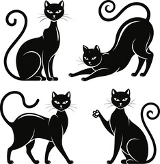 Set of black cat silhouettes| kitten isolated decorative elements Isolated On White Background