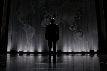 Obraz premium Silhouette of a man against a world map backdrop in monochrome.