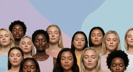Obraz premium Diverse Beauty: Women in Meditation & Mindfulness. Serene Faces, Unity, Wellness & Inner Peace. Empowerment, Inclusivity, Peaceful Mindset.