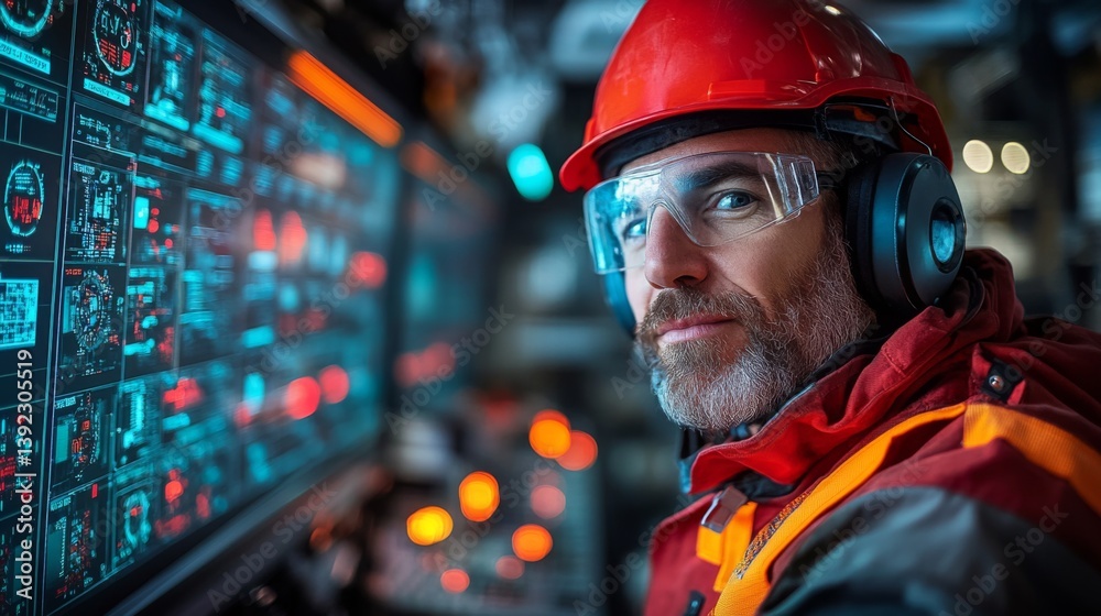 Poster A mining operator wearing protective gear oversees complex extraction processes from a control panel filled with screens displaying real time data.