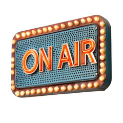 On air sign with illuminated letters displayed on a vintage-style board isolated on transparent background, cutout png