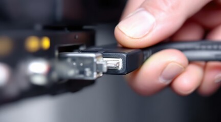 A person smoothly plugs in a cable using a tech device.