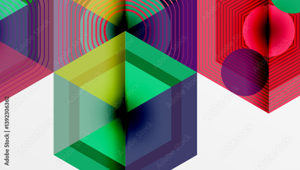 Poster abstract geometric composition. vibrant colors, lines create complex shapes. modern design, digital 