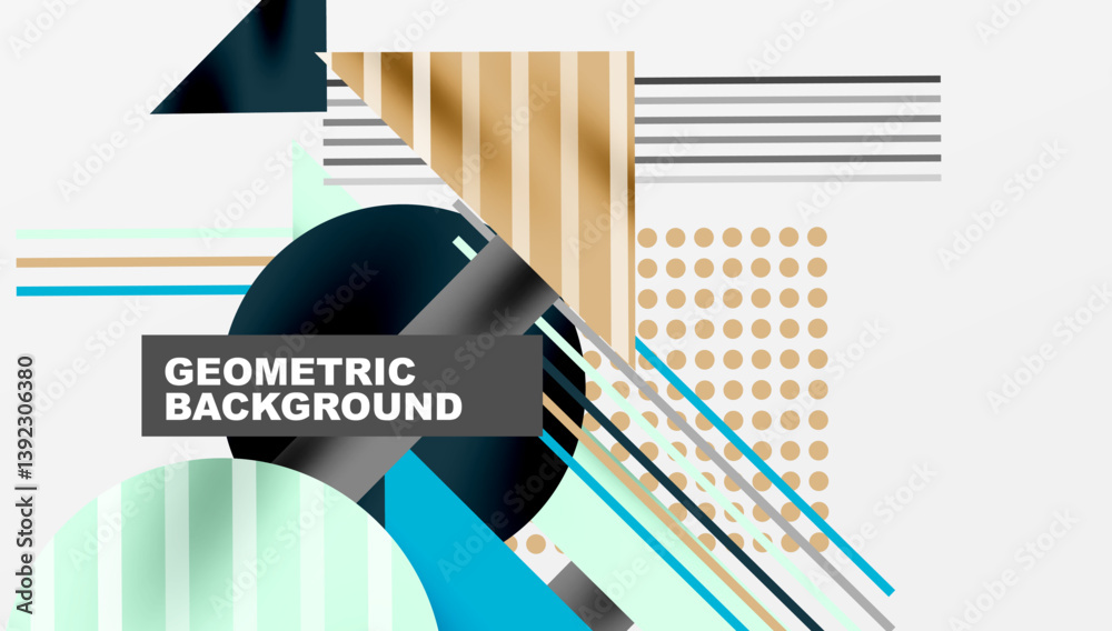 Poster Abstract geometric composition. Shapes overlap, creating dynamic visual effect. Colors include blue, black, gold, white. Modern design element for backgrounds.