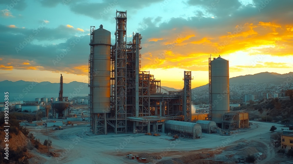 Poster cement production facility is active during sunset in a mountainous region. machinery operates to ex