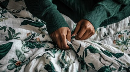 Close-up of hands making a bed with floral bedding.