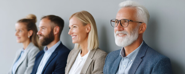 Fototapeta premium Diverse group of professionals in business attire smiling while sitting in a row against a neutral background, showcasing teamwork and engagement