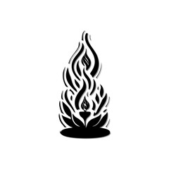 Stylized illustration of flame and blossom, black and white graphic rendering