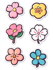 
kawaii style design a set of colorful modern minimalistic sticker illustrations with simple shapes and characters. Use a bright, color palette with a thick black outline around the design, on a White