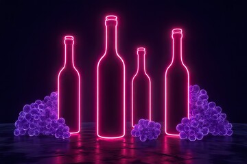 Illuminate your celebration neon wine bottles and grapes artistic display dark background modern aesthetic