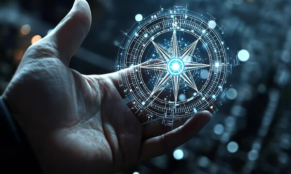 Hand holding digital compass in city