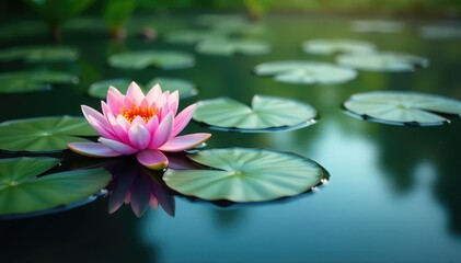 Delicate water lilies forming a floral pattern across a lake, water plants, peaceful