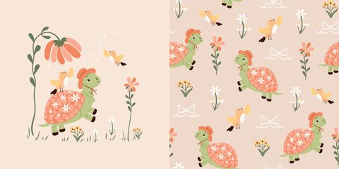 Modern children's print and seamless pattern with a cute hand-drawn turtle in a hat and birds. Vector design for baby bedding, fabric, wallpaper, wrapping paper and more.