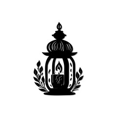 Intricate Silhouette of a Decorative Lantern with a Candle and Foliage Details