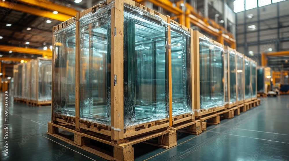 Aufkleber glass panels are arranged in stacks on wooden pallets within a large industrial warehouse showcasing