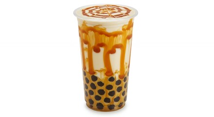 Refreshing Boba Milk Tea with Caramel Drizzle Isolated on White Background