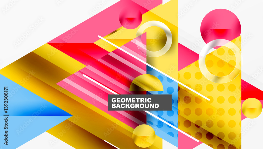 Poster Bright abstract composition. Overlapping shapes, vibrant colors, modern design. Circles, triangles, rectangles create dynamic visual effect. Clean lines, bold palette.