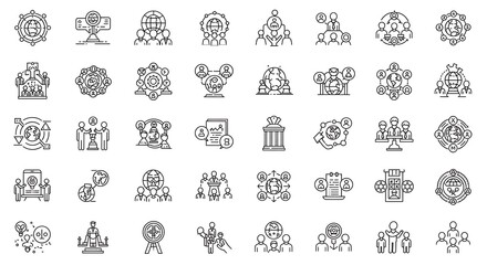A collection of outline icons representing global business and teamwork concepts on a white background