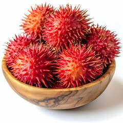 Spiky red fruits in wooden bowl on white background