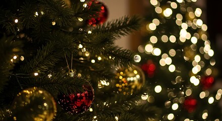 Festive Christmas Tree Ornaments Glowing at Night AI Generated