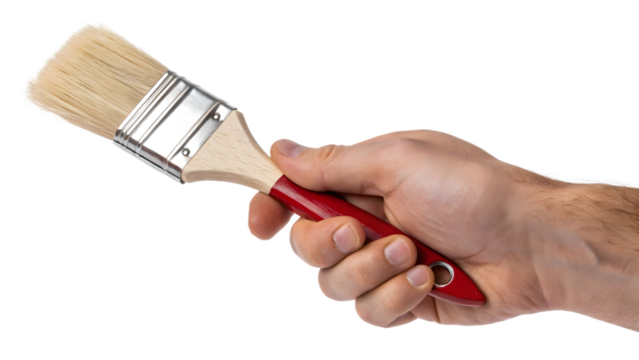 A hand holds a wooden handle paintbrush, isolated, ready for art work