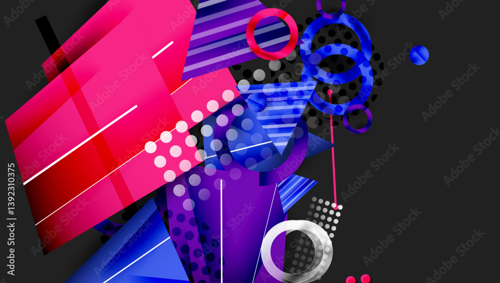 Poster Abstract composition. Vibrant pink, blue shapes overlap. Geometric forms create dynamic visual experience. Dots, lines add texture, depth. Modern design.