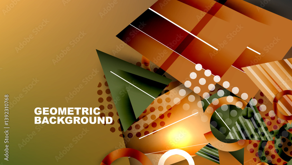 Poster Abstract geometric composition. Overlapping shapes, lines, dots create dynamic visual effect. Warm color palette dominates, with orange, brown, green tones. Modern design.