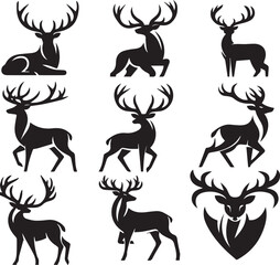 Black and White Deer Silhouette Vector with Large Antlers

