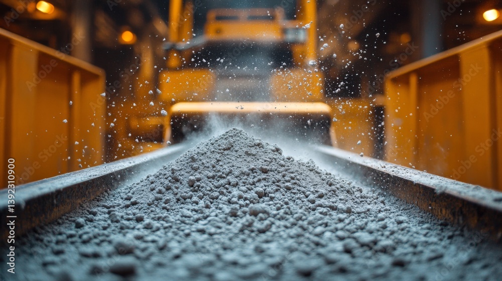 Poster cement powder is being transported on a conveyor belt within a construction facility dedicated to mi