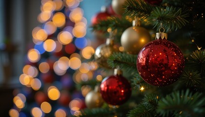 Elegant christmas tree set against a luxurious red and gold background evoking holiday cheer