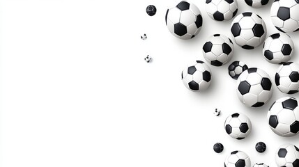Seamless wallpaper pattern featuring classic black and white soccer balls on a clean white background with ample copy space, ideal  sports-themed designs, football birthday party banners, invitation