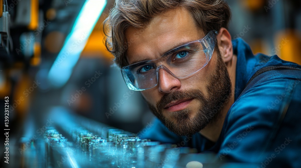 Leinwandbilder technician wearing protective gear examines tools in a busy manufacturing plant specializing in mini
