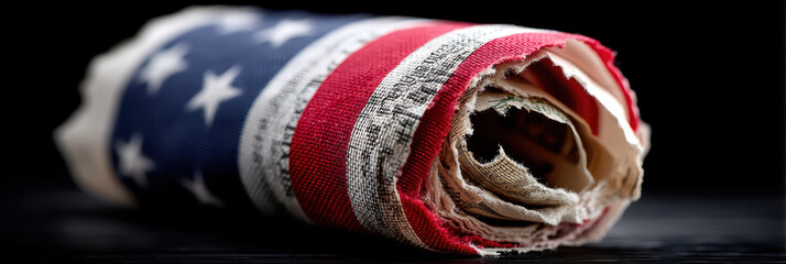 Worn American Flag Rolled Up on Black Surface With Subtle Textures and Shadows Creating A Dramatic Look