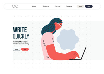 Writing people, modern flat vector concept illustration- sitting woman thoughtfully writing on laptop, bubble near head Metaphor for reflection, personal insight, contemplation, creative expression