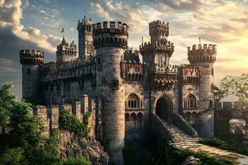 Majestic Gothic castle stands tall atop rocky terrain during golden hour, showcasing intricate architecture and a enchanting backdrop of clouds